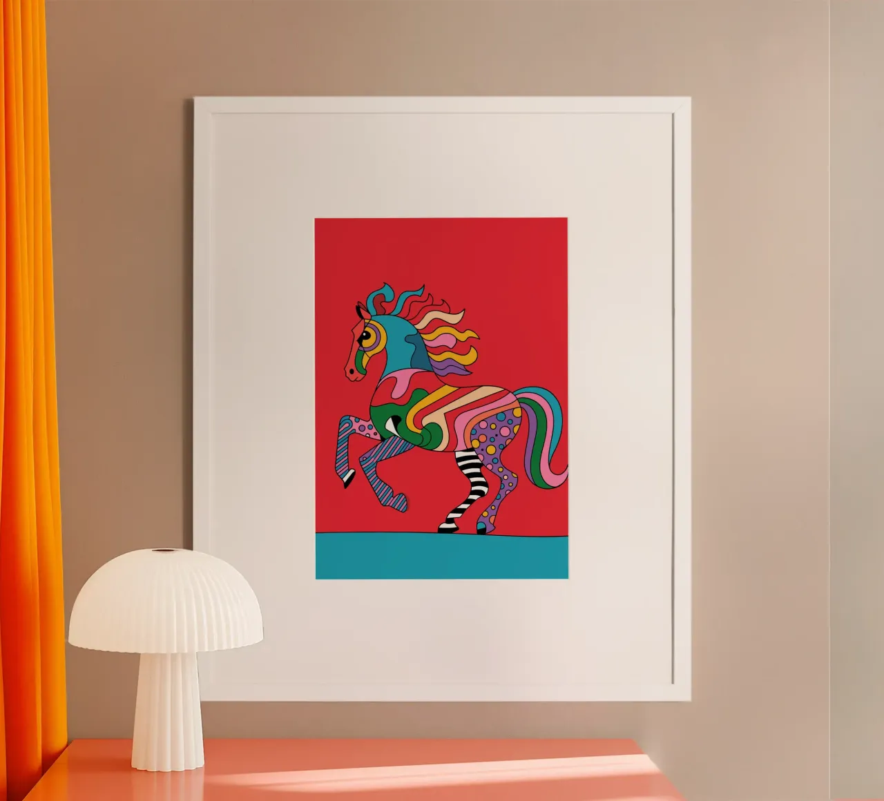 Abstract, colourful horse on a red background poster by pixelbull - medieval art and more
