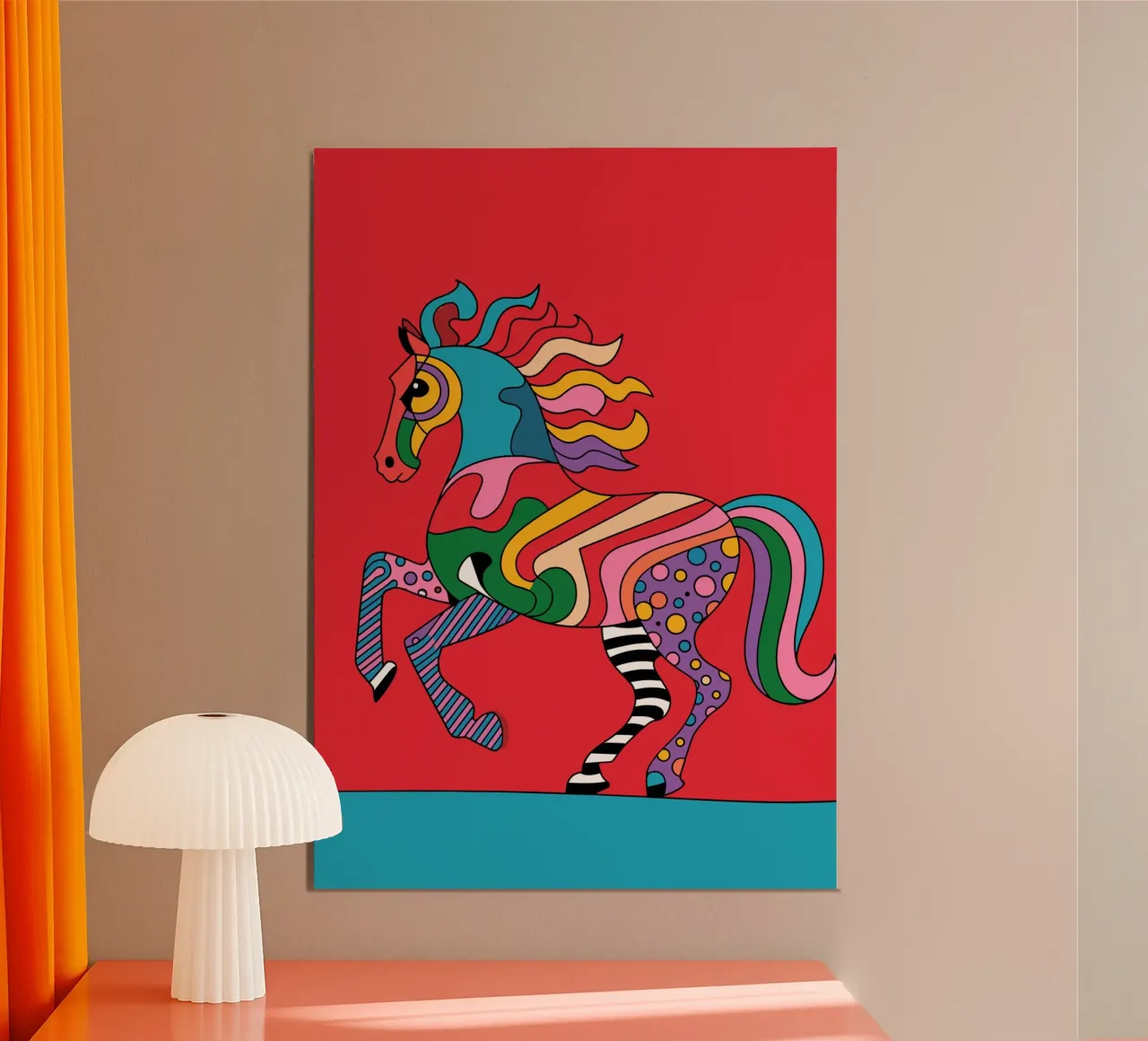 Abstract, colourful horse on a red background poster by pixelbull - medieval art and more