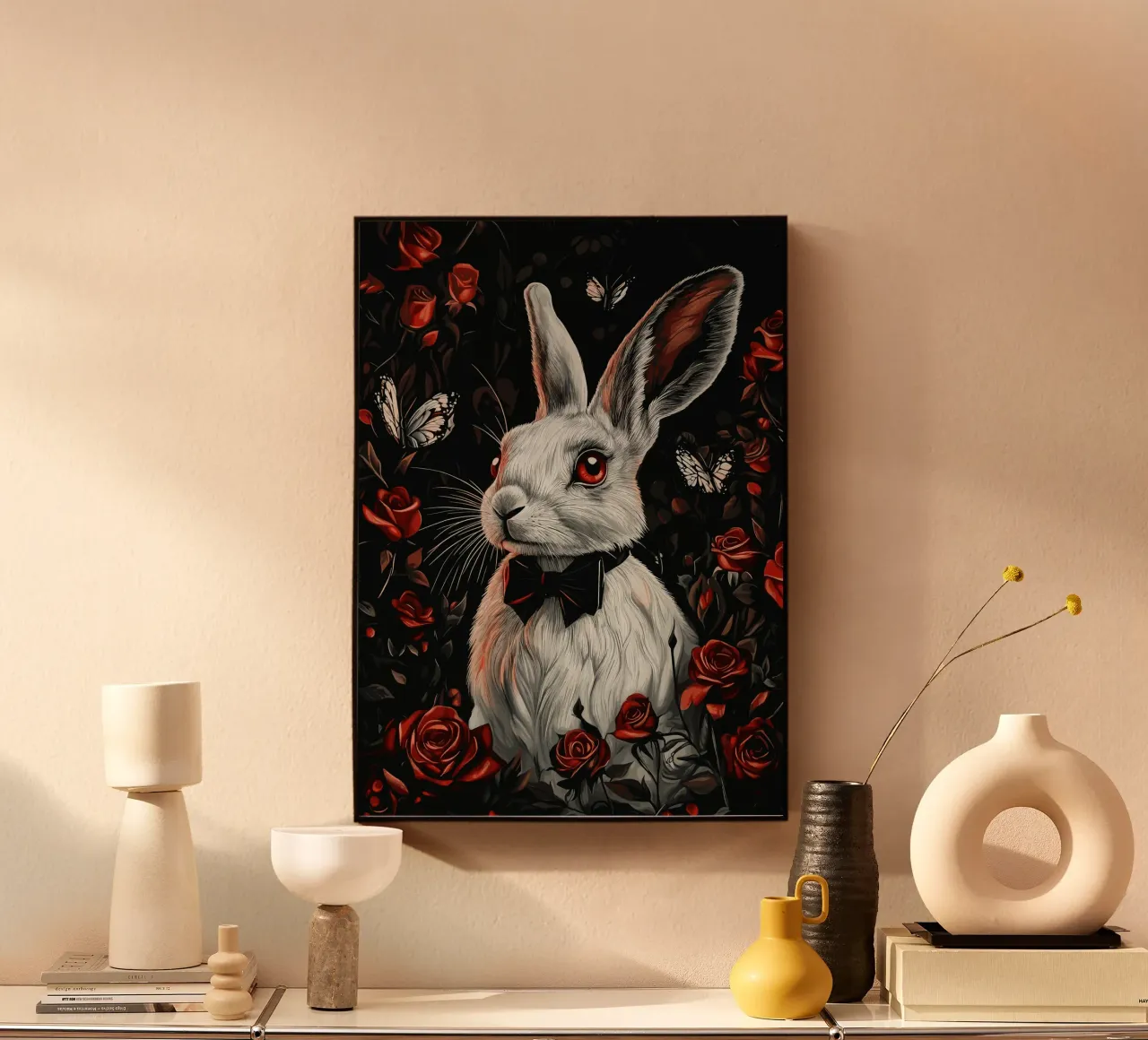 Coniglio bianco con occhi rossi in un mare di rose plexiglass da pixelbull - medieval art and more