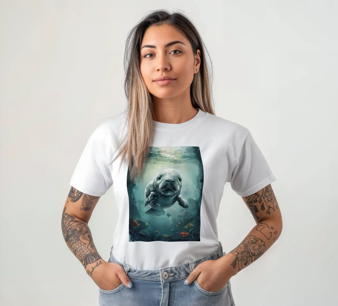 Manatí nadando graciosamente bajo la superficie de un claro camiseta de DesignDoodle