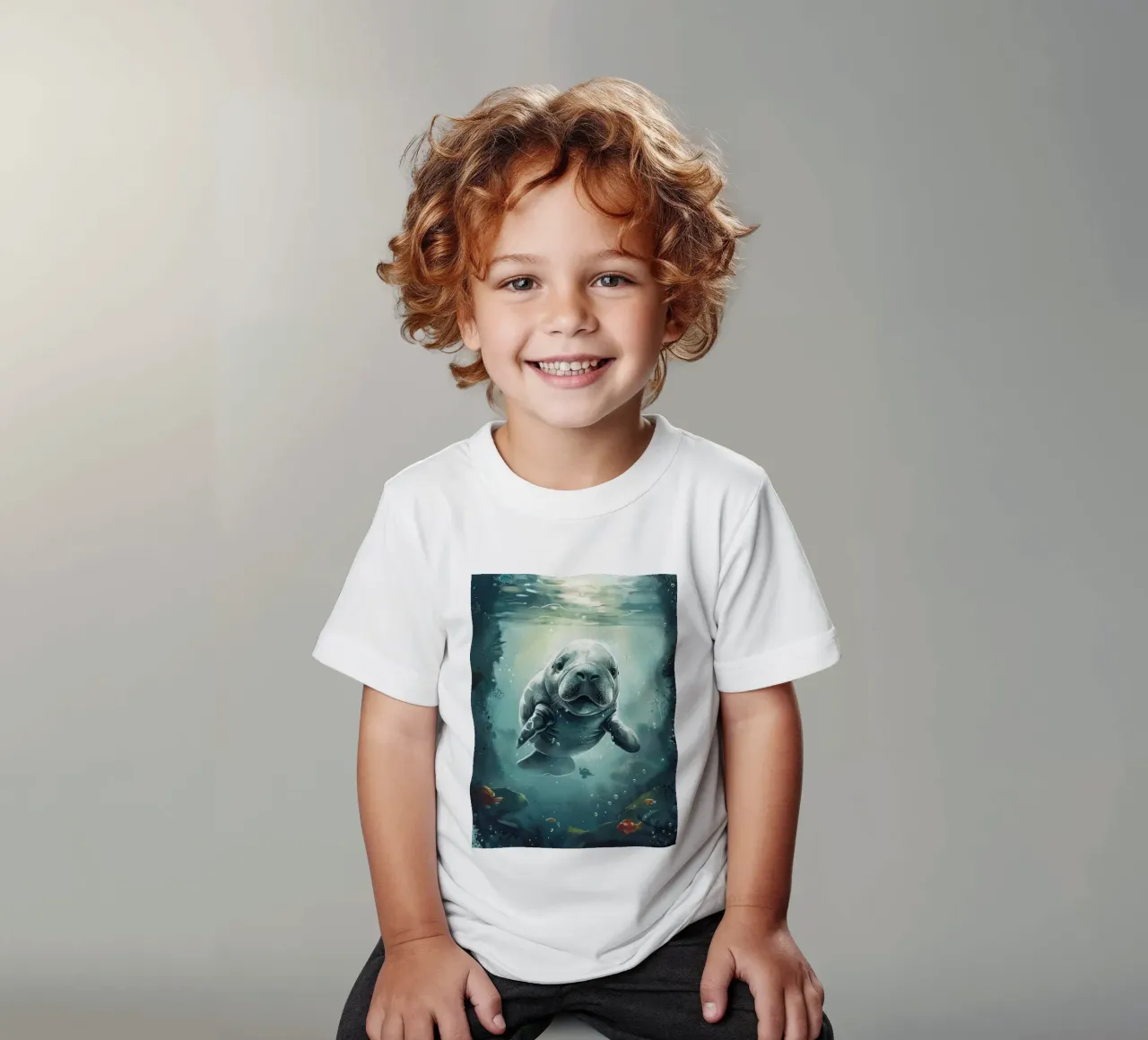 Manatee swimming gracefully beneath the surface of a clear kids t-shirt by DesignDoodle