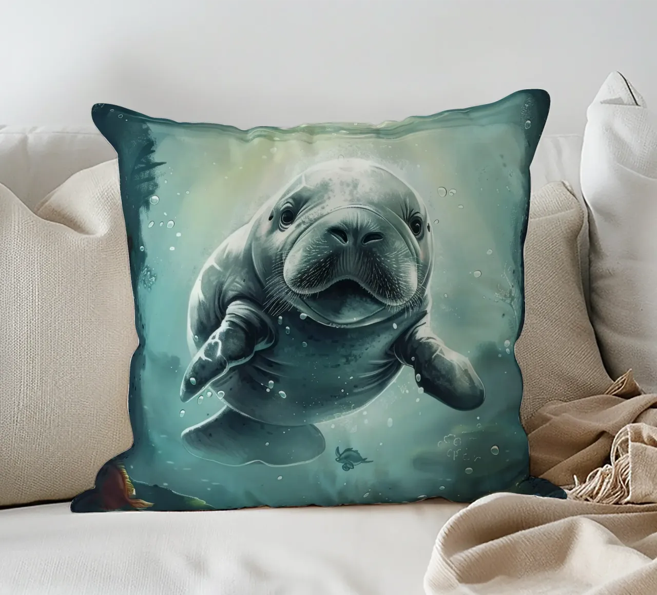 Seekuh schwimmt anmutig unter der Oberfläche eines klaren Kissen von DesignDoodle