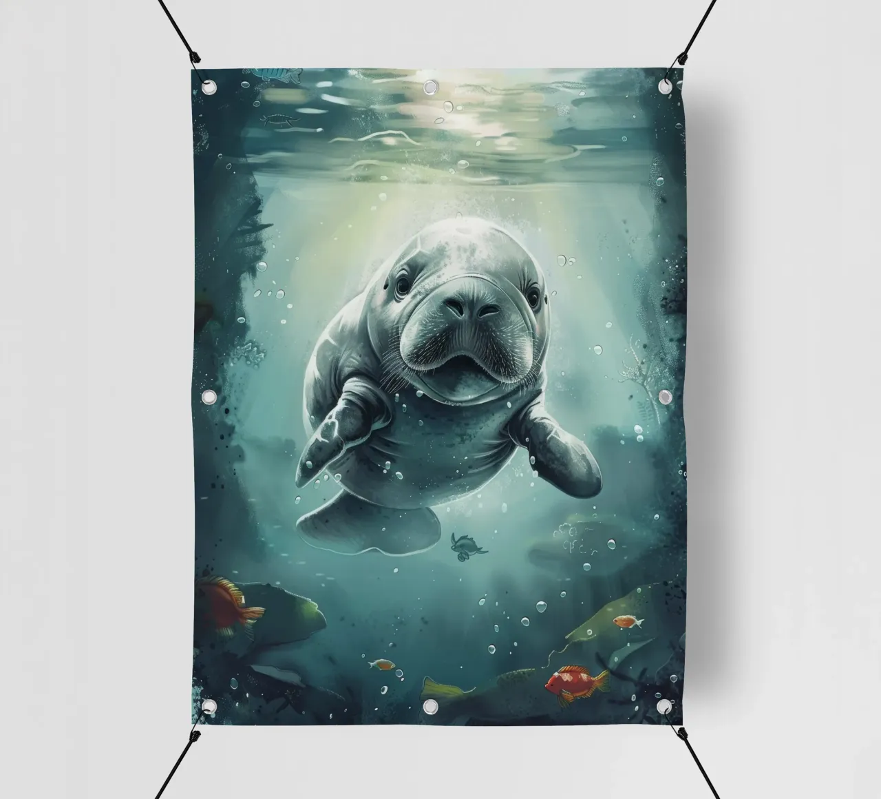 Lamantin nageant gracieusement sous la surface d'une eau claire. bâche pvc de DesignDoodle