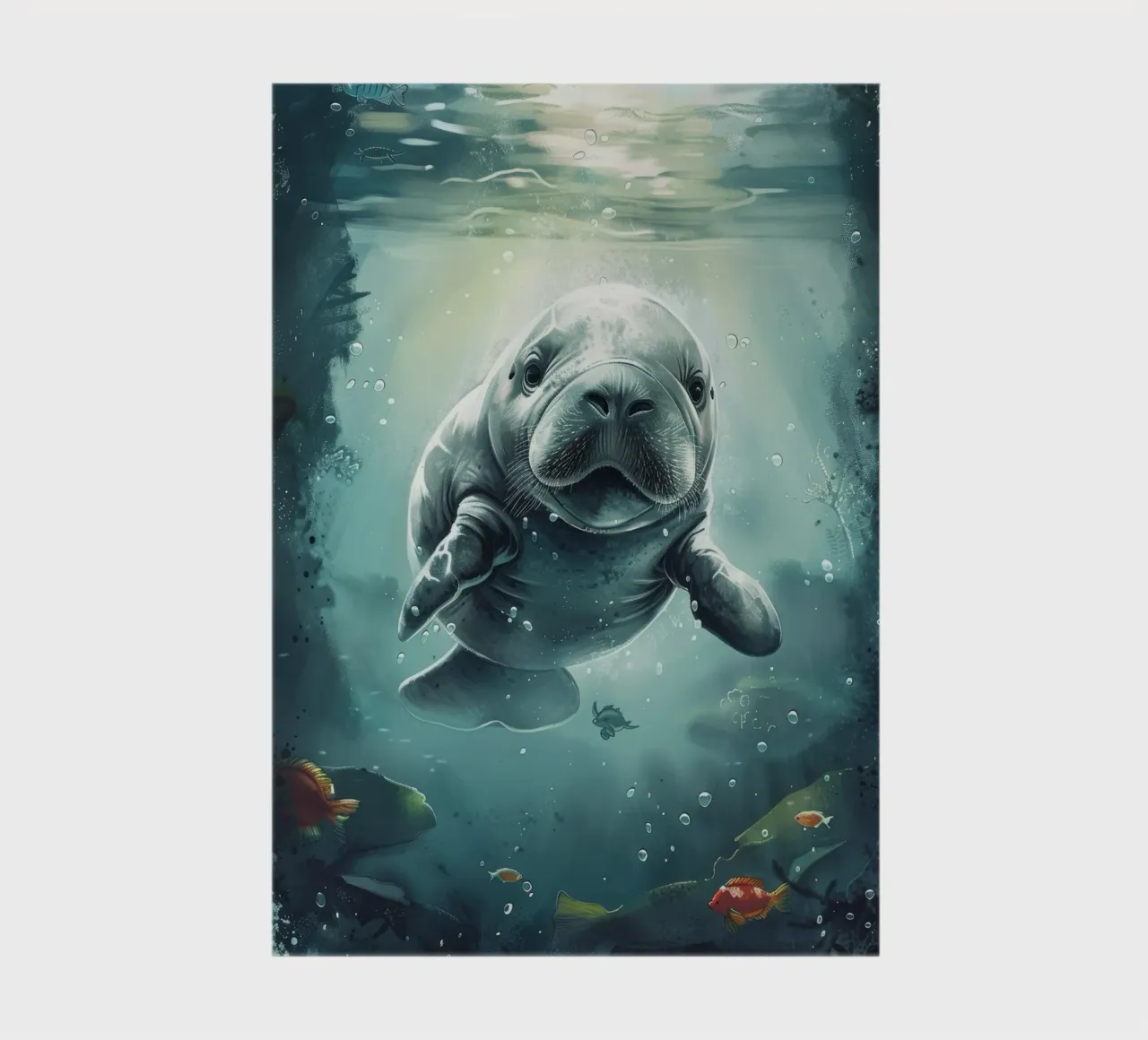 Manatee swimming gracefully beneath the surface of a clear notebook by DesignDoodle