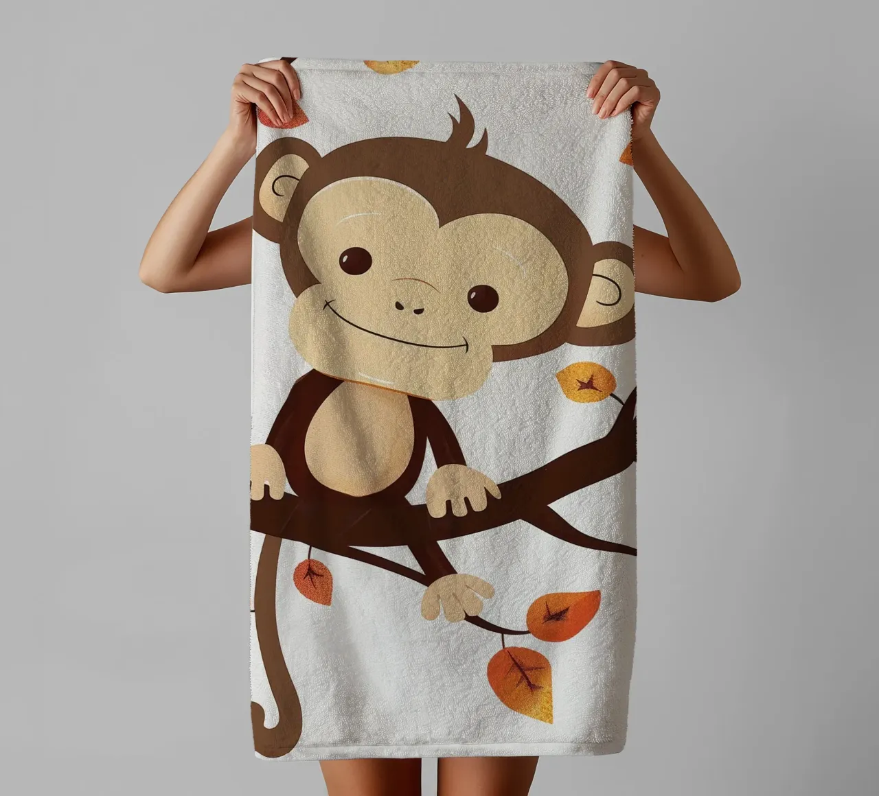 monkey sits on a tree branch surrounded by autumn leaves towel by DesignDoodle