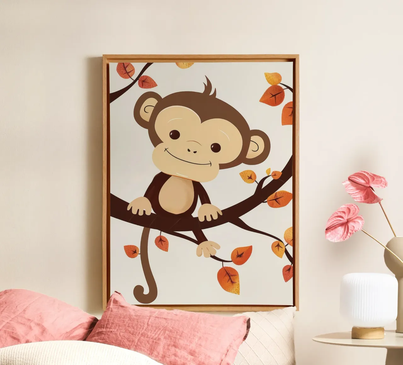 monkey sits on a tree branch surrounded by autumn leaves canvas by DesignDoodle
