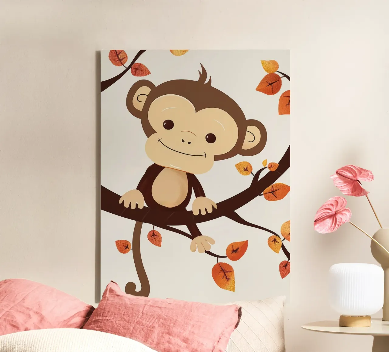 monkey sits on a tree branch surrounded by autumn leaves canvas by DesignDoodle