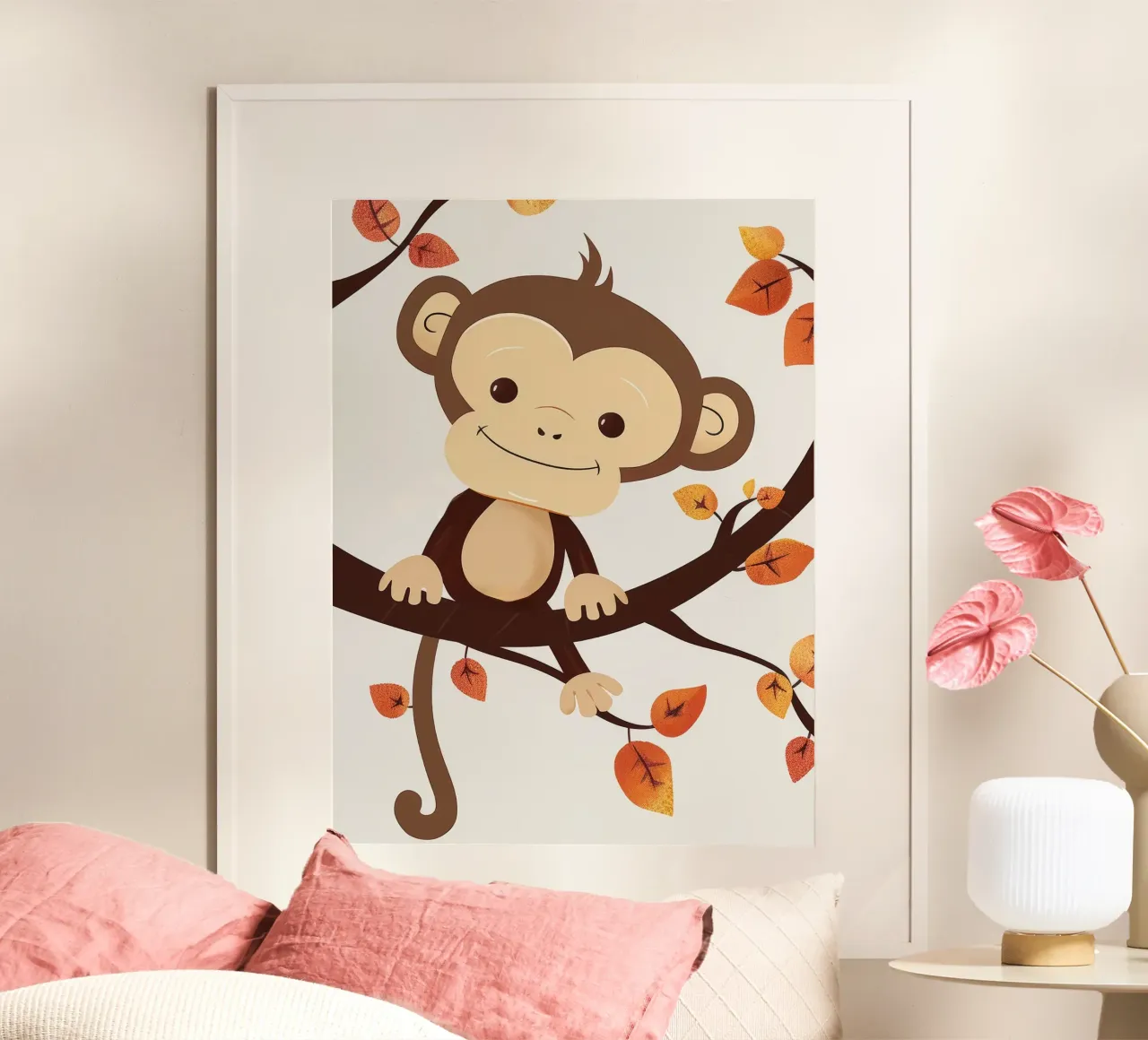 singe assis sur une branche d'arbre entouré de feuilles d'automne poster avec cadre en aluminium de DesignDoodle
