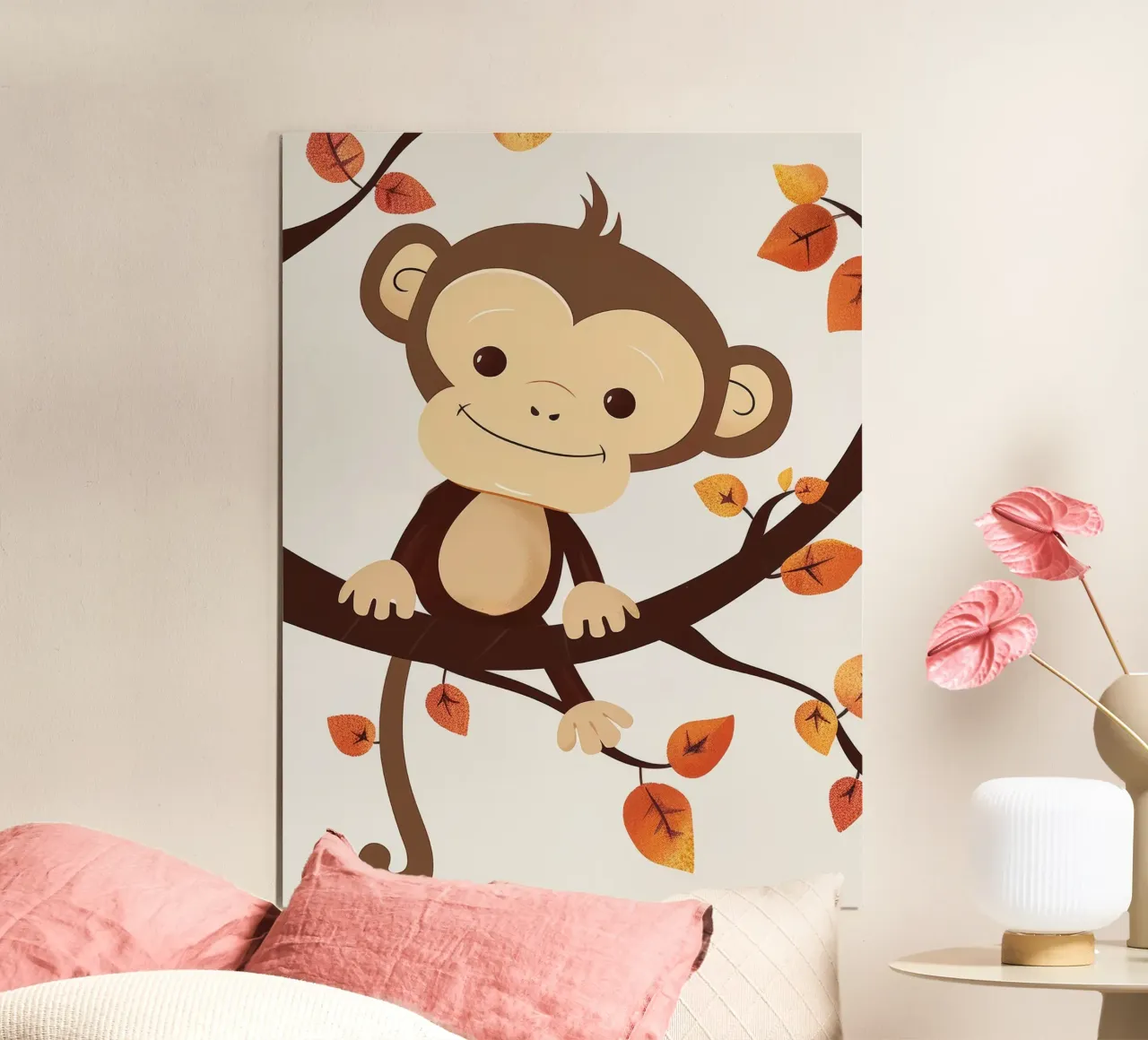singe assis sur une branche d'arbre entouré de feuilles d'automne poster avec cadre en aluminium de DesignDoodle