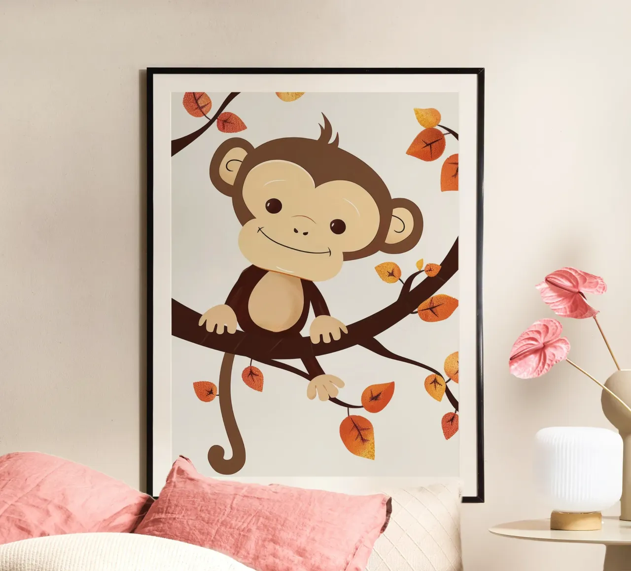 singe assis sur une branche d'arbre entouré de feuilles d'automne poster avec cadre en aluminium de DesignDoodle