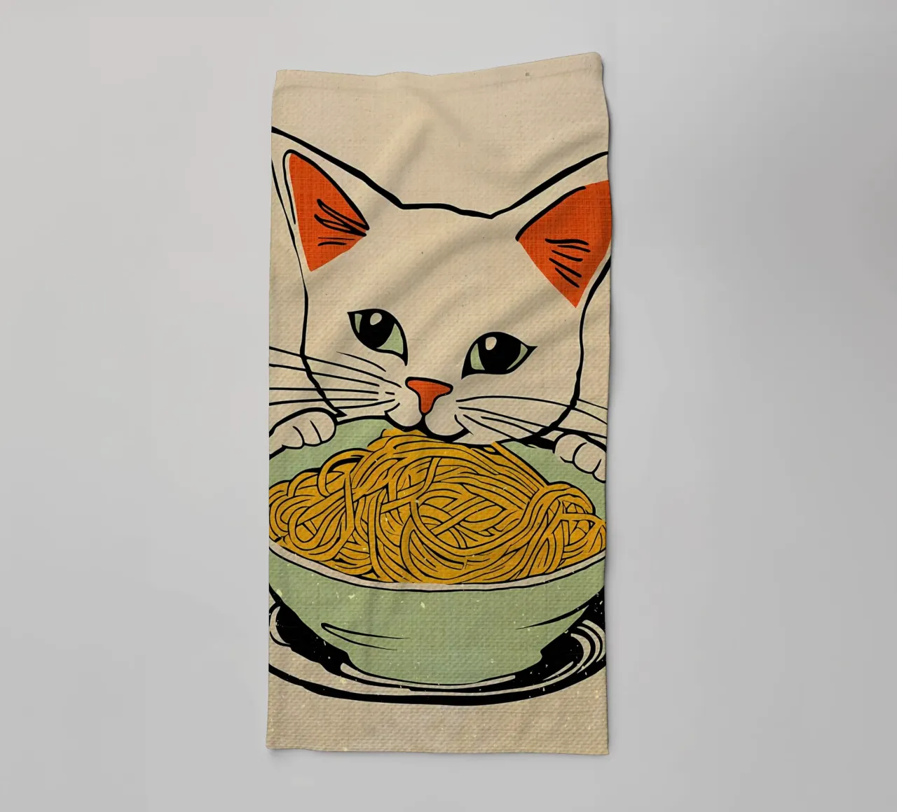 Gatto seduto con spaghetti asciugamano da bagno da Providence Mbabazi Studio