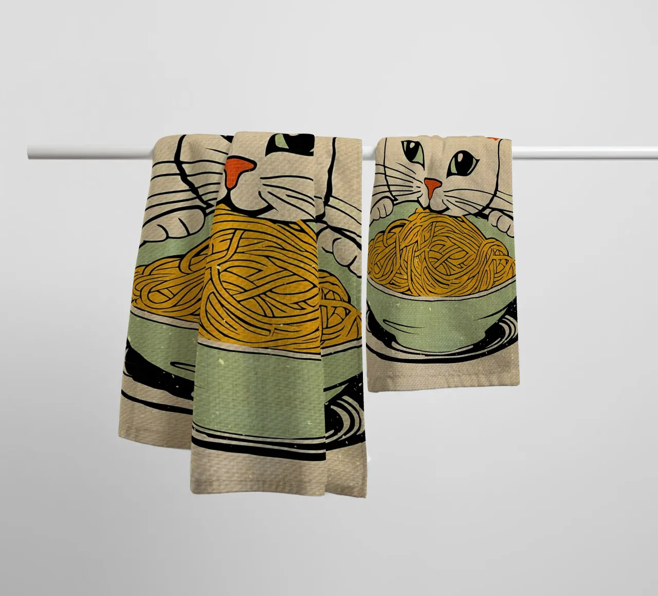 Gatto seduto con spaghetti asciugamano da bagno da Providence Mbabazi Studio
