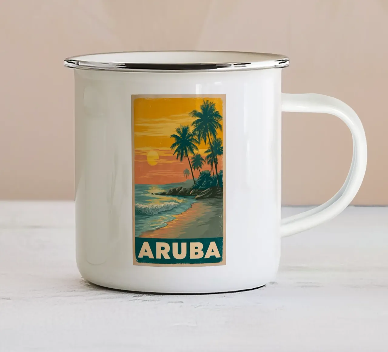 Poster di viaggio vintage di Aruba tazza in smalto da Vintage Travel Art