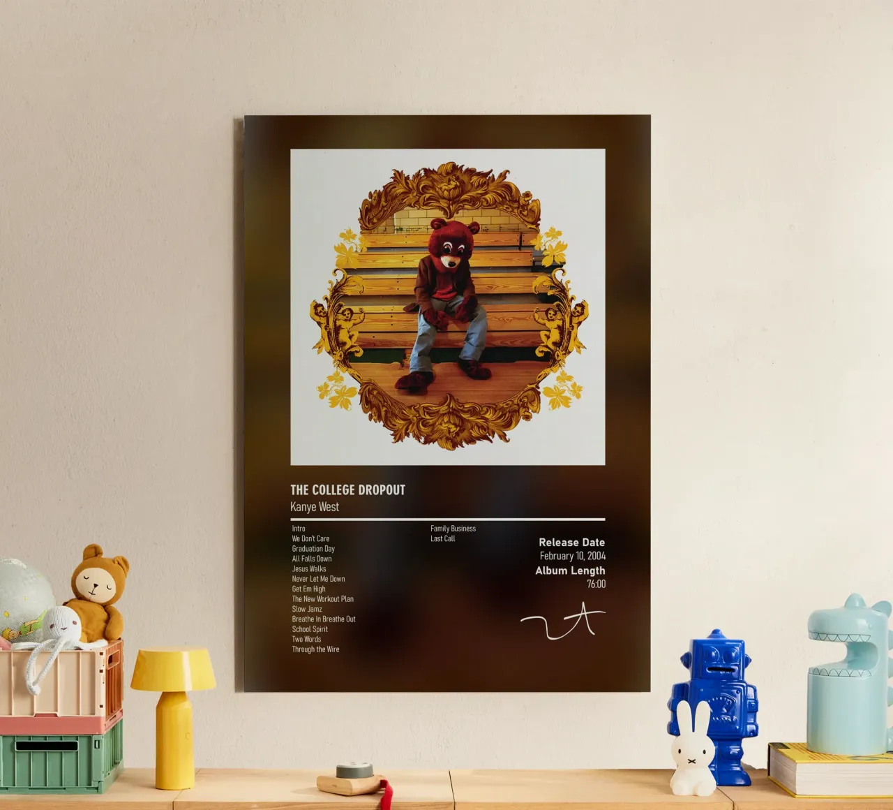 The College Dropout (2004) by Kanye West alluminio dibond da DGUnder