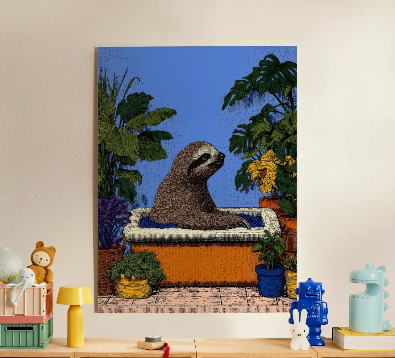 Sloth in the Bath: Funny Bathroom Pop Art Shower Curtain acrylic glass by Kaji