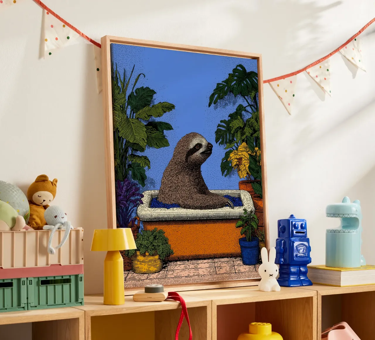 Faultier in der Badewanne: Lustiger Badezimmer Pop Art Duschvorhang Leinwand mit Schattenfugenrahmen von Kaji