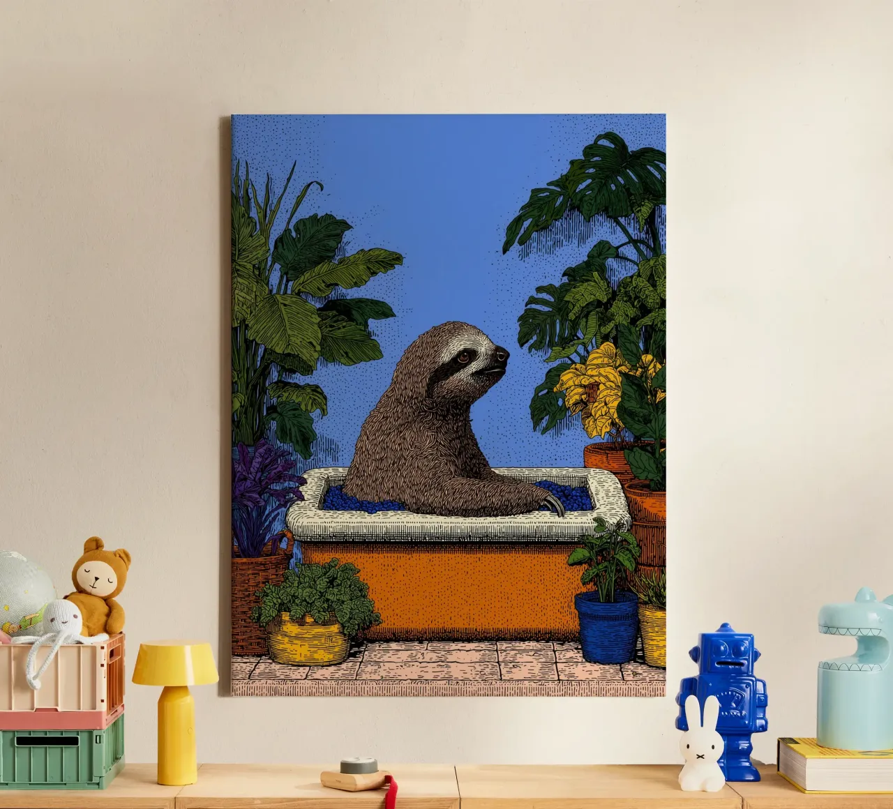 Faultier in der Badewanne: Lustiger Badezimmer Pop Art Duschvorhang Leinwand mit Schattenfugenrahmen von Kaji
