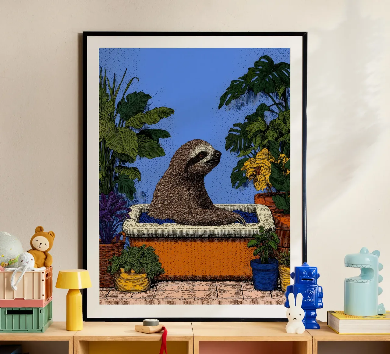 Bradipo nella vasca da bagno: Divertente tenda da doccia pop art per il bagno poster da Kaji