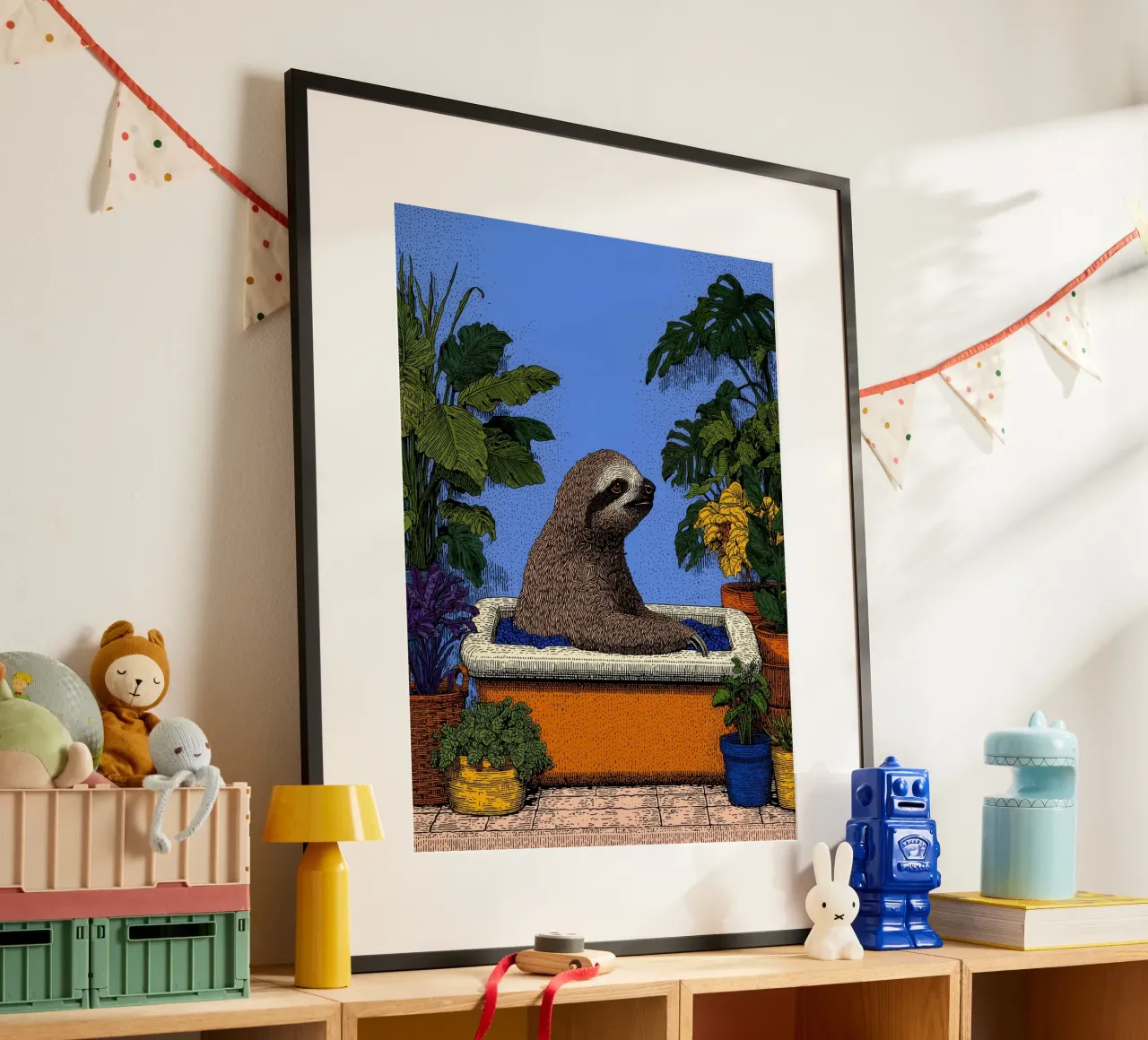 Bradipo nella vasca da bagno: Divertente tenda da doccia pop art per il bagno poster da Kaji