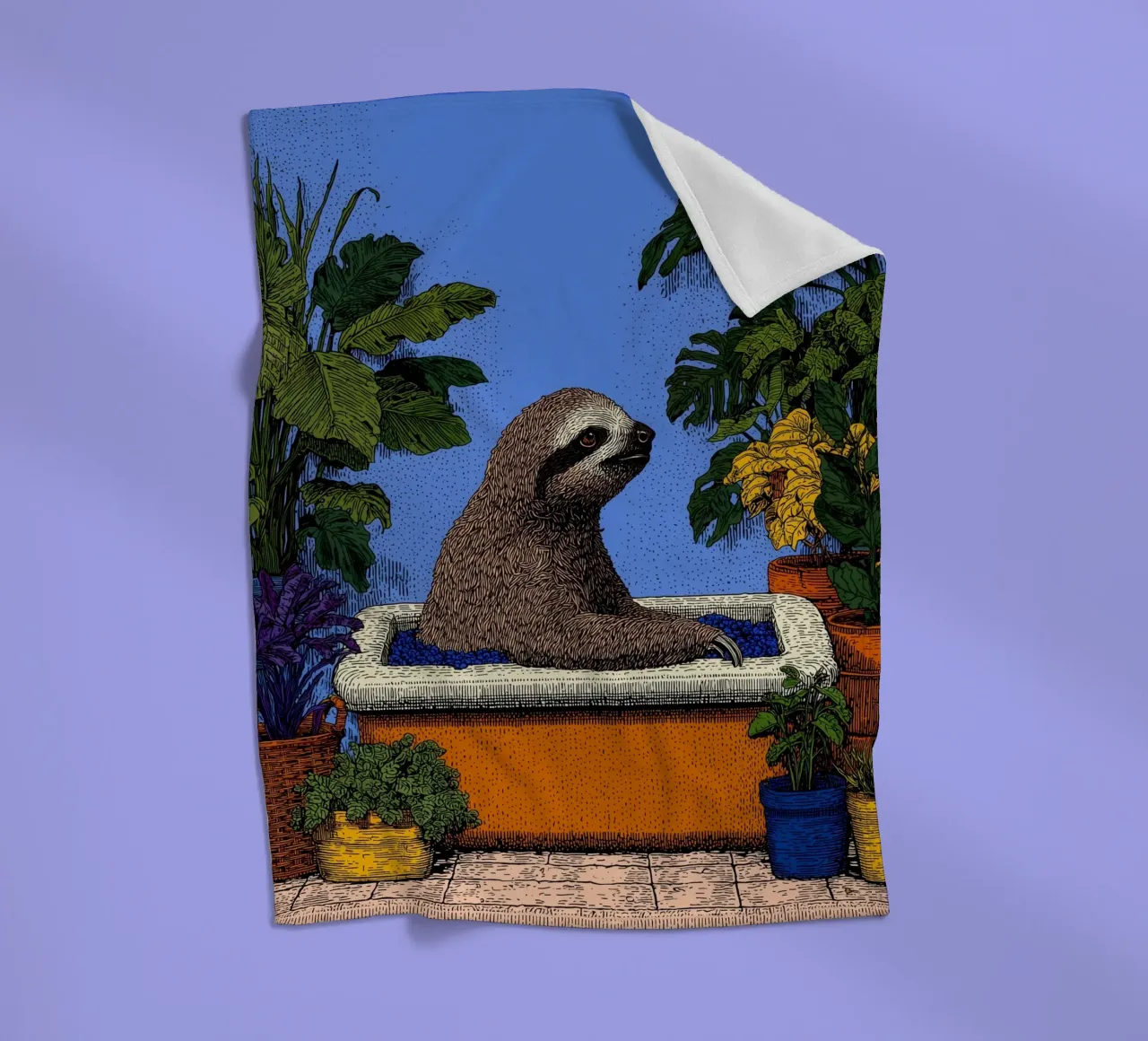 Sloth in the Bath: Funny Bathroom Pop Art Shower Curtain fleece blanket by Kaji