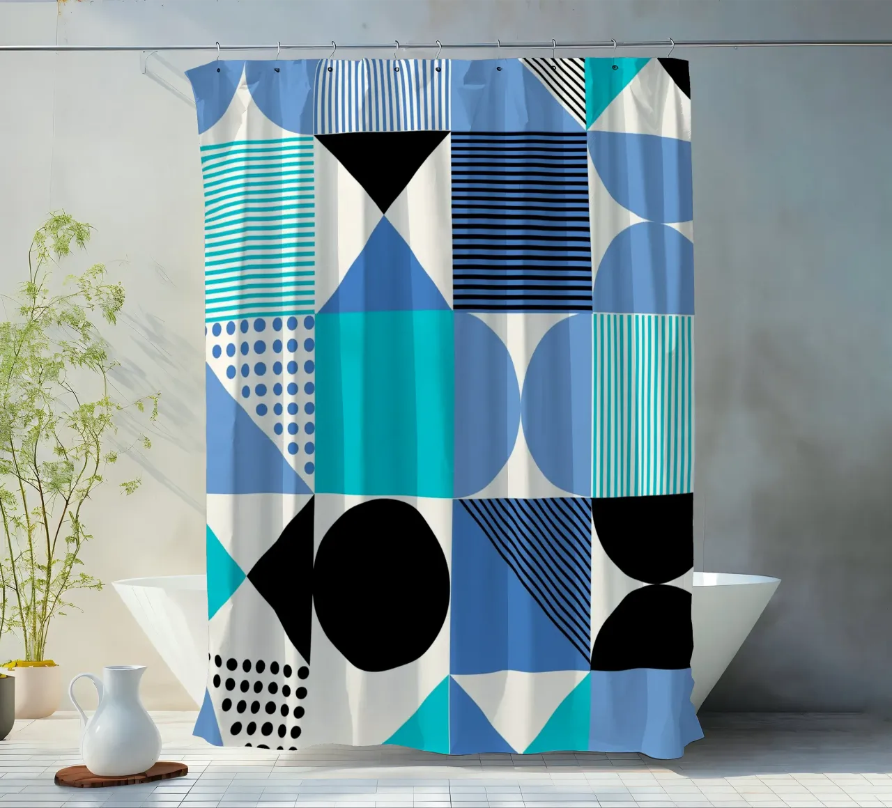 Poster Geometria Bauhaus - Design a motivi blu e neri tenda da doccia da Studio Vibe
