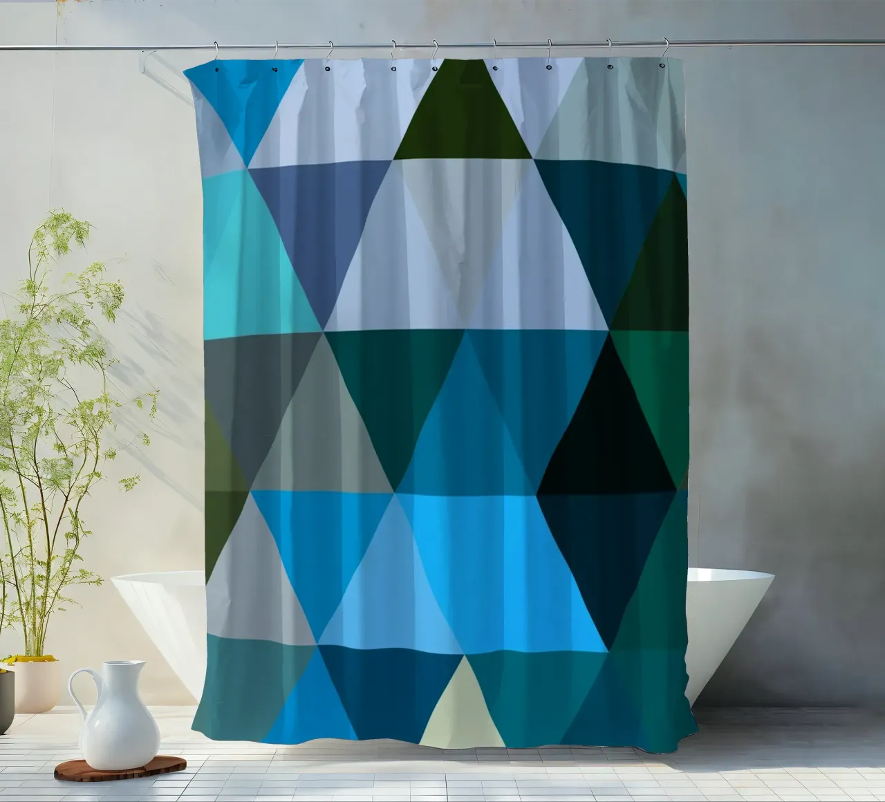 Bauhaus Triangle Pattern - Poster geometrico blu e verde tenda da doccia da Studio Vibe