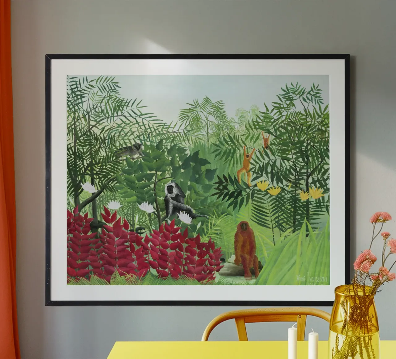 Foresta tropicale con scimmie (1910) di Henri Rousseau poster con telaio in alluminio da Venus Art