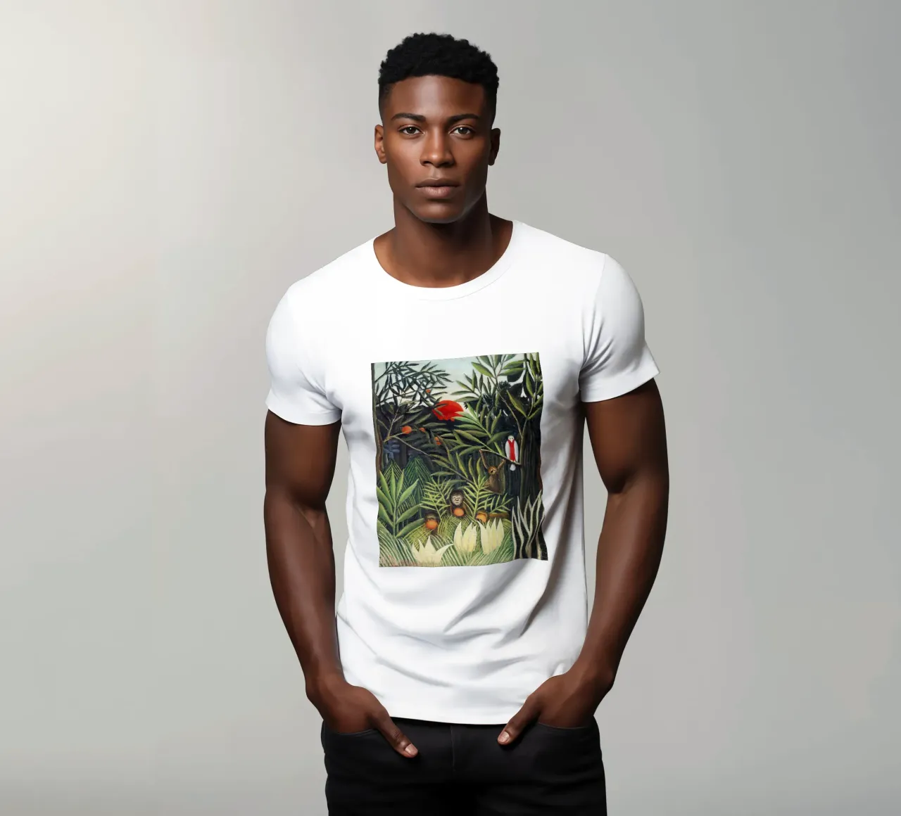 Scimmie e pappagalli nella foresta vergine di Henri Rousseau t-shirt da Venus Art
