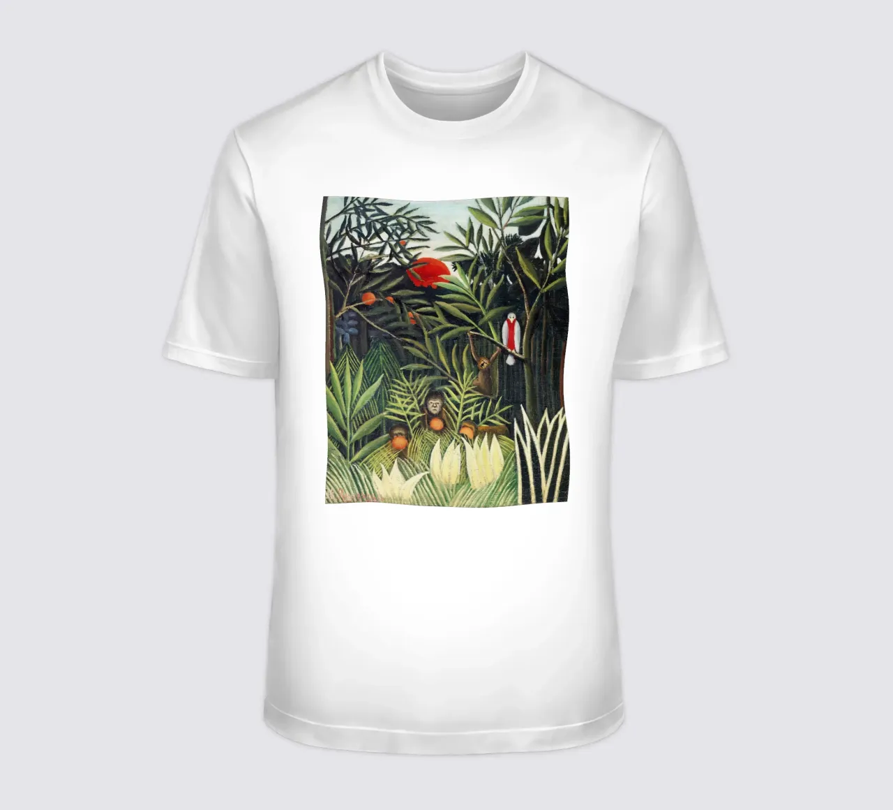 Scimmie e pappagalli nella foresta vergine di Henri Rousseau t-shirt da Venus Art