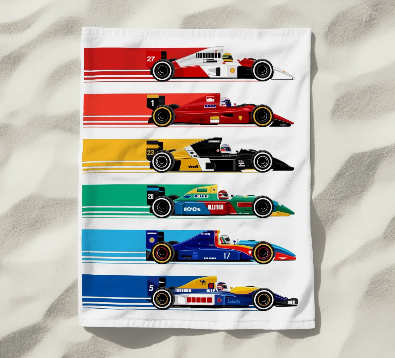 Auto da corsa di Formula retrò telo mare da Mariel Toigo