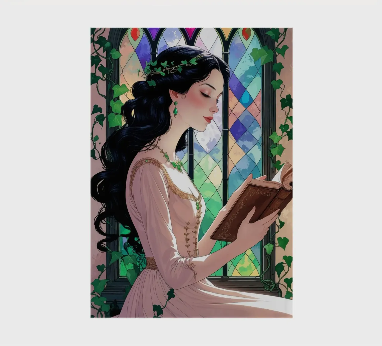 Lady reading at the glass window notebook by pixelbull - medieval art and more