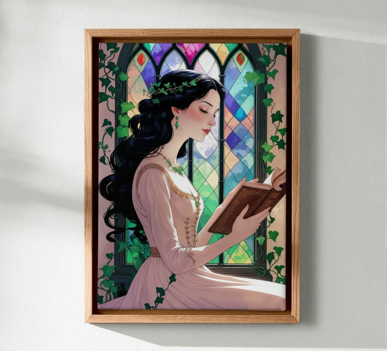 Lady reading at the glass window canvas with Floater frame by pixelbull - medieval art and more