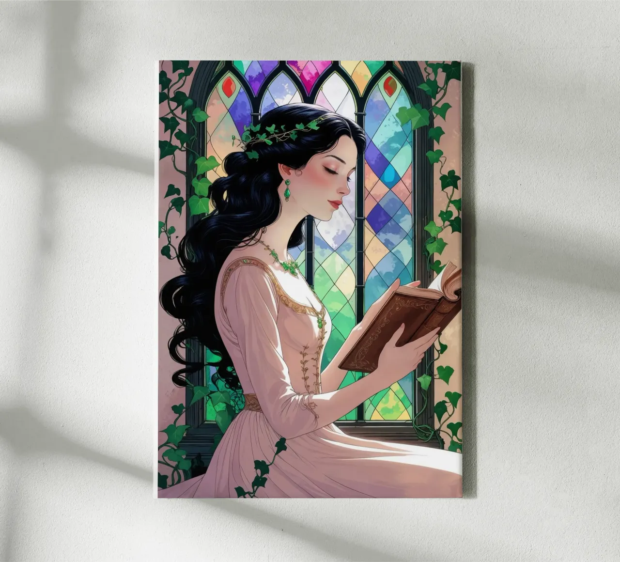 Lady reading at the glass window canvas with Floater frame by pixelbull - medieval art and more