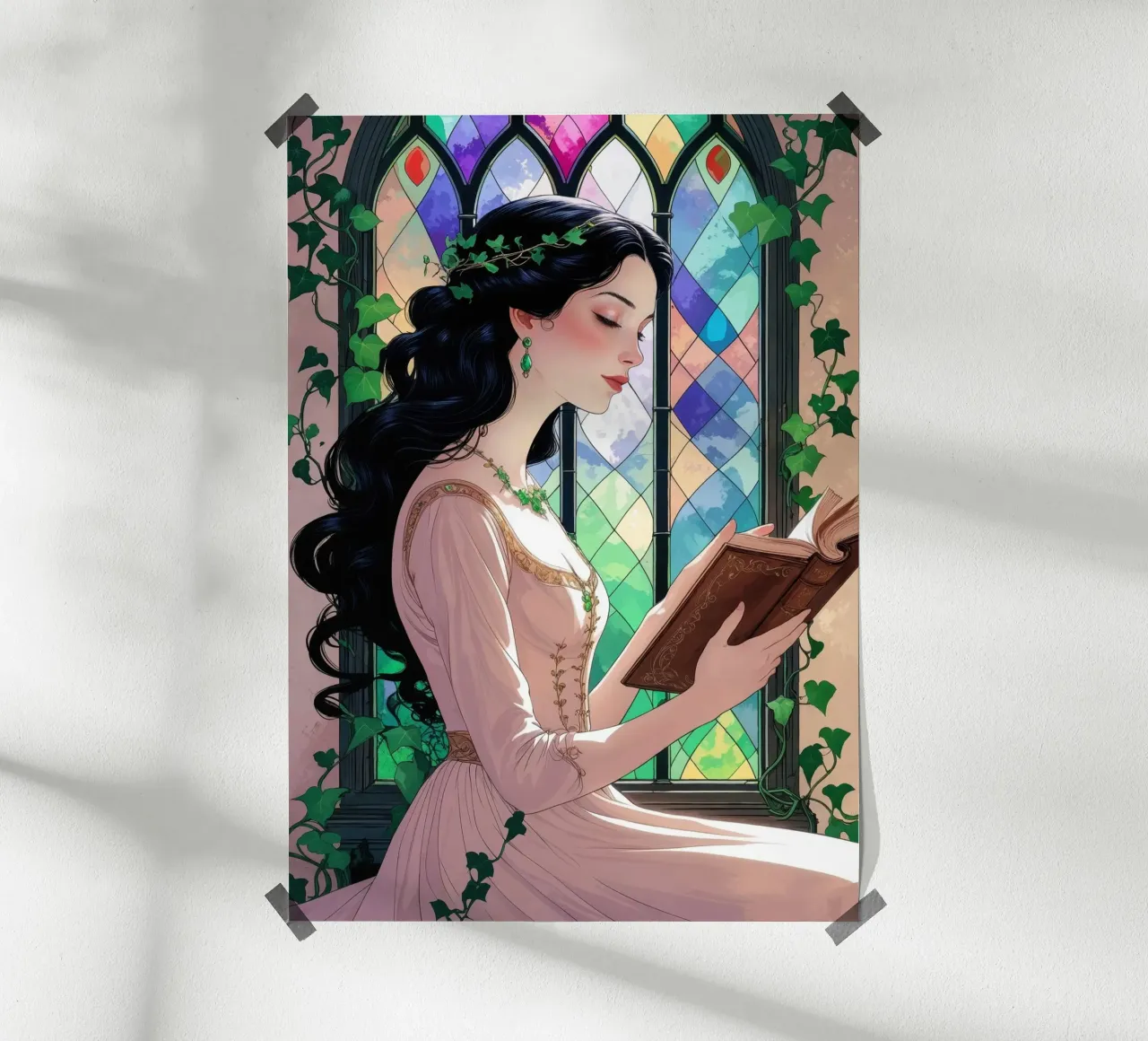 Lady reading at the glass window poster by pixelbull - medieval art and more