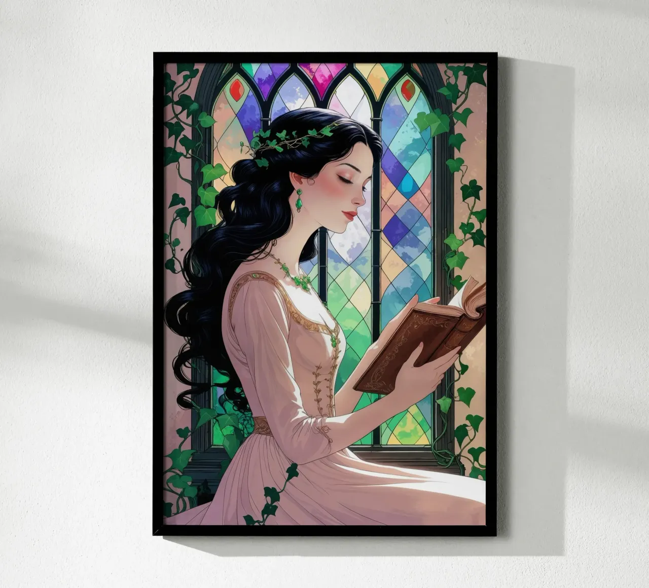 Lady reading at the glass window poster by pixelbull - medieval art and more