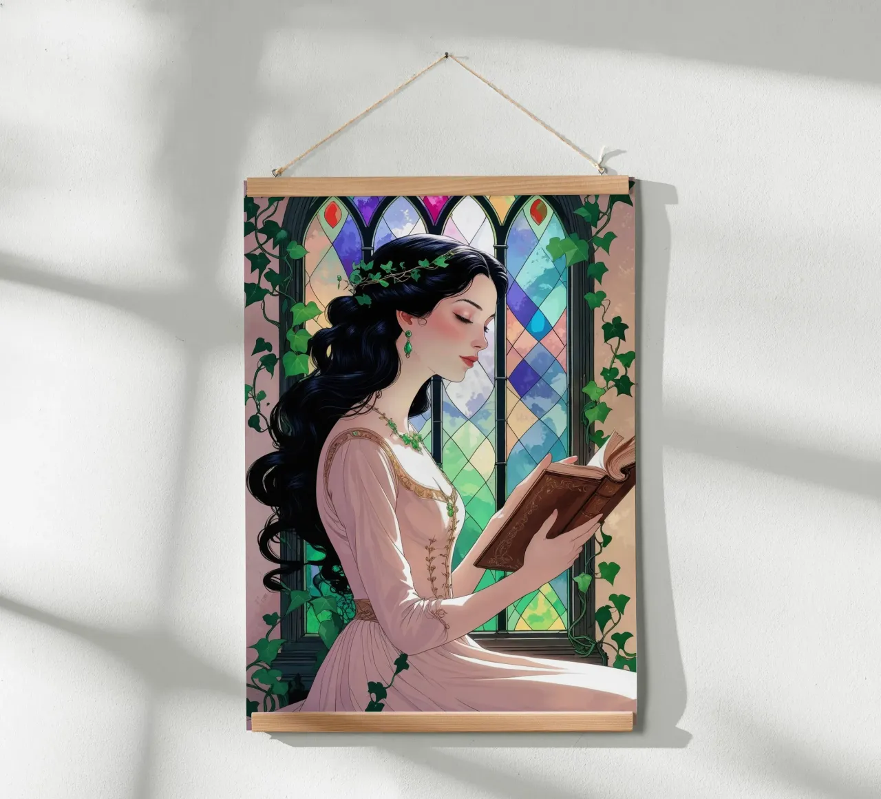 Lady reading at the glass window poster by pixelbull - medieval art and more