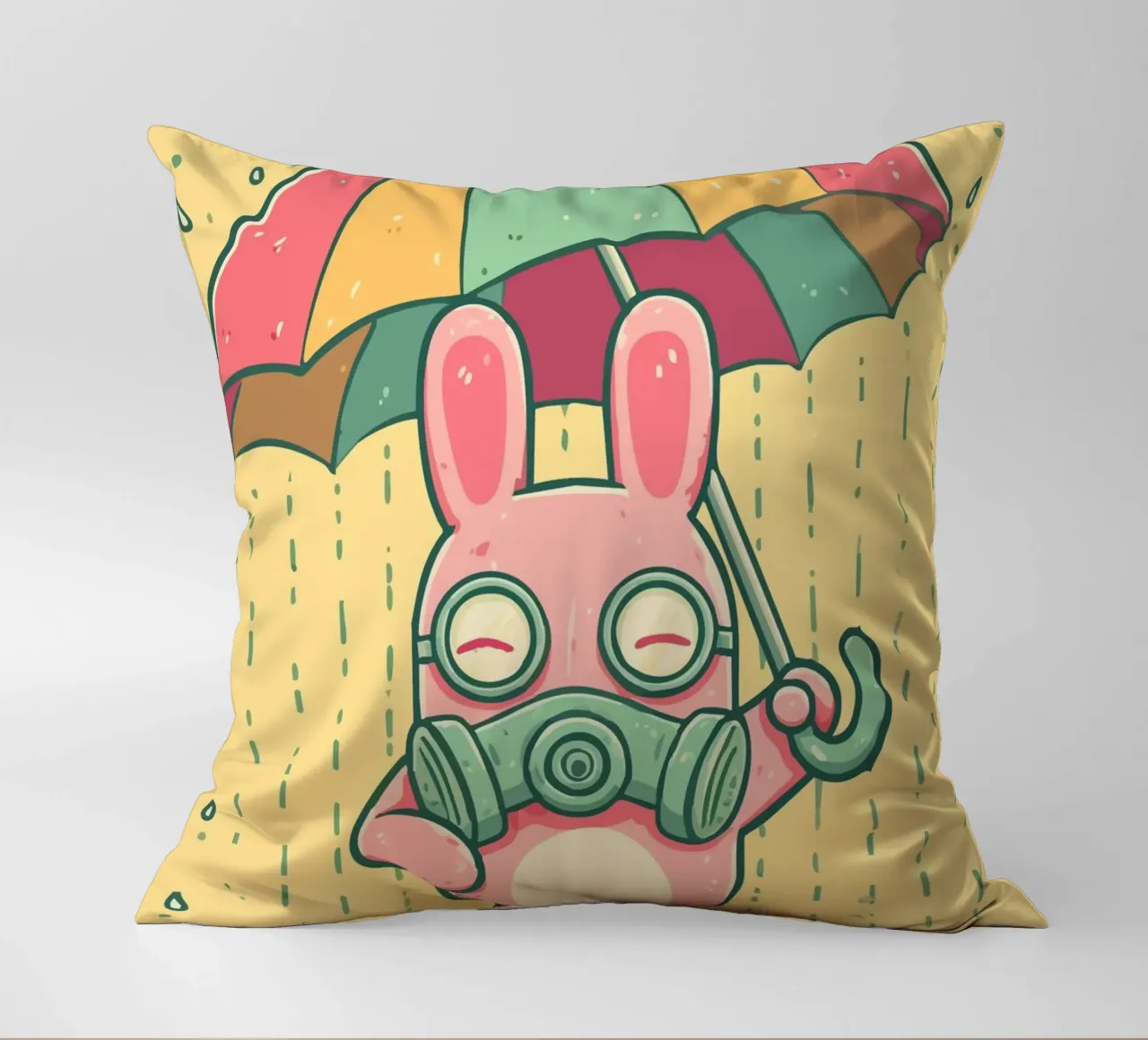 Rabbit with gas mask in the rain decorative cushion by pixelbull - medieval art and more