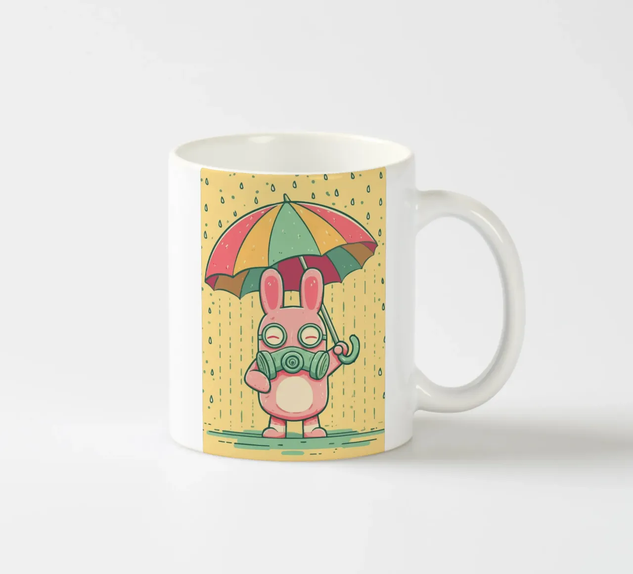 Rabbit with gas mask in the rain ceramic mug by pixelbull - medieval art and more