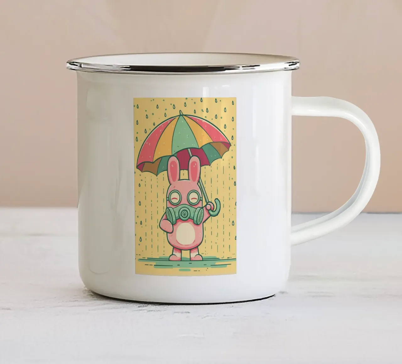 Coniglio con maschera antigas sotto la pioggia tazza in smalto da pixelbull - medieval art and more