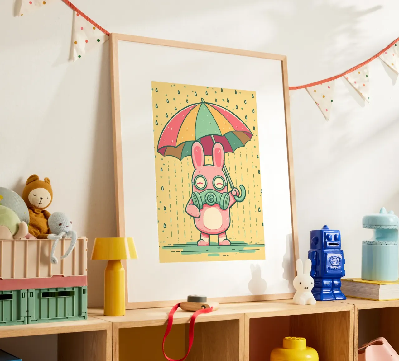 Rabbit with gas mask in the rain hahnemühle by pixelbull - medieval art and more