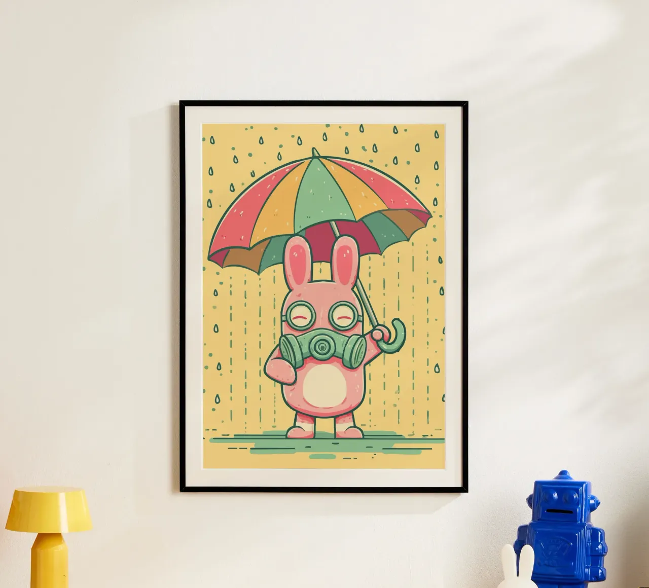 Rabbit with gas mask in the rain hahnemühle by pixelbull - medieval art and more