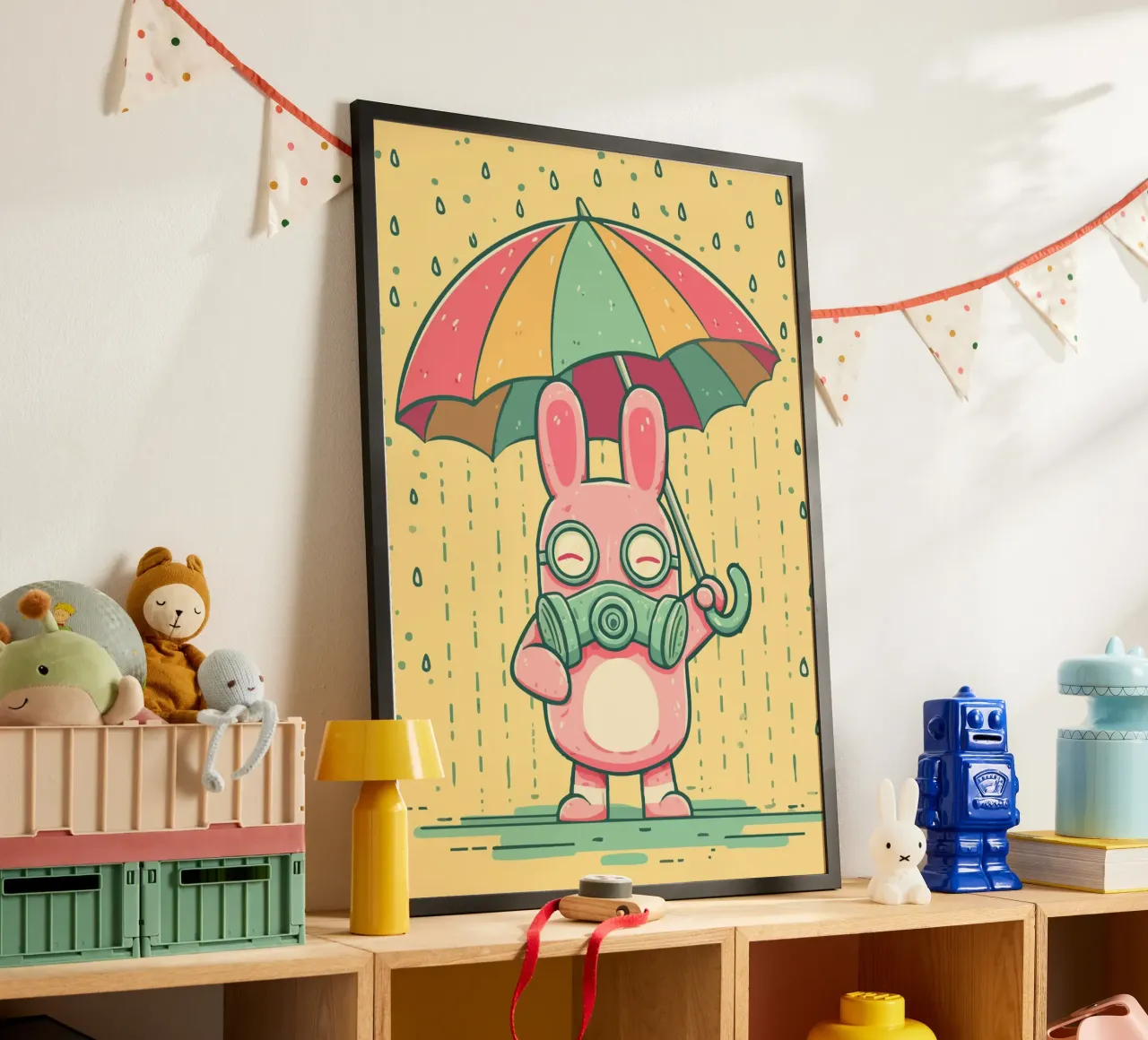 Rabbit with gas mask in the rain hahnemühle by pixelbull - medieval art and more