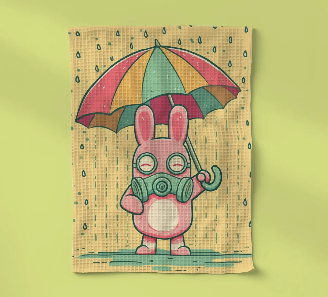 Rabbit with gas mask in the rain tea towel by pixelbull - medieval art and more