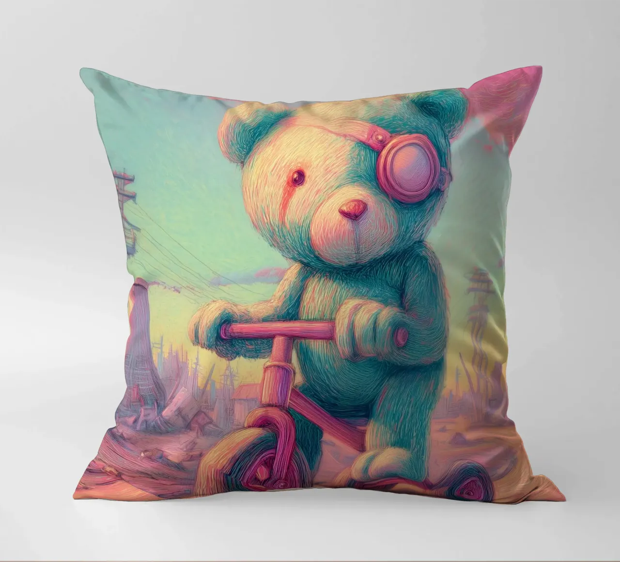 Orso con un occhio solo nella terra desolata cuscino da pixelbull - medieval art and more