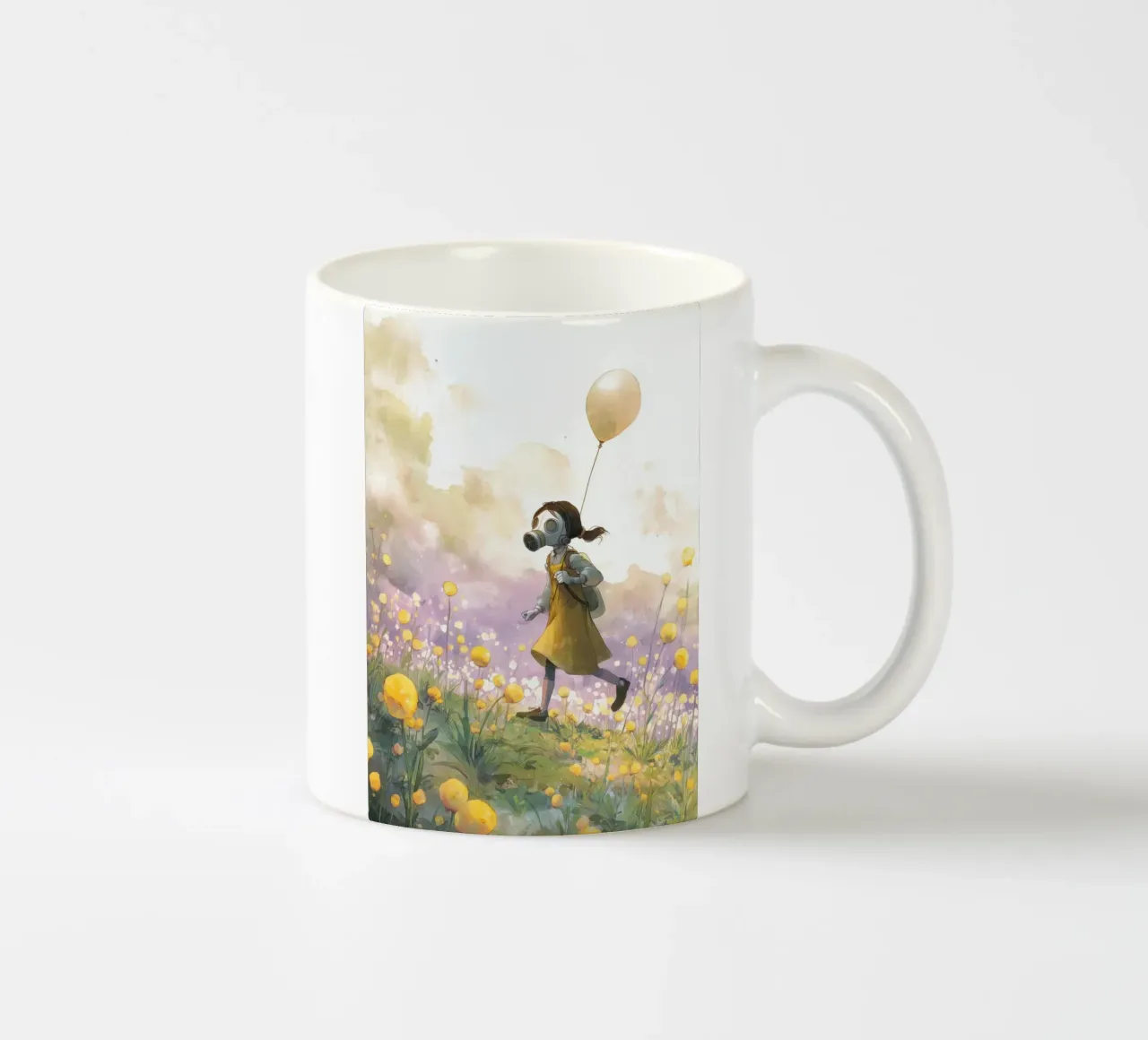 Ragazza con palloncino e maschera antigas tazza in ceramica da pixelbull - medieval art and more