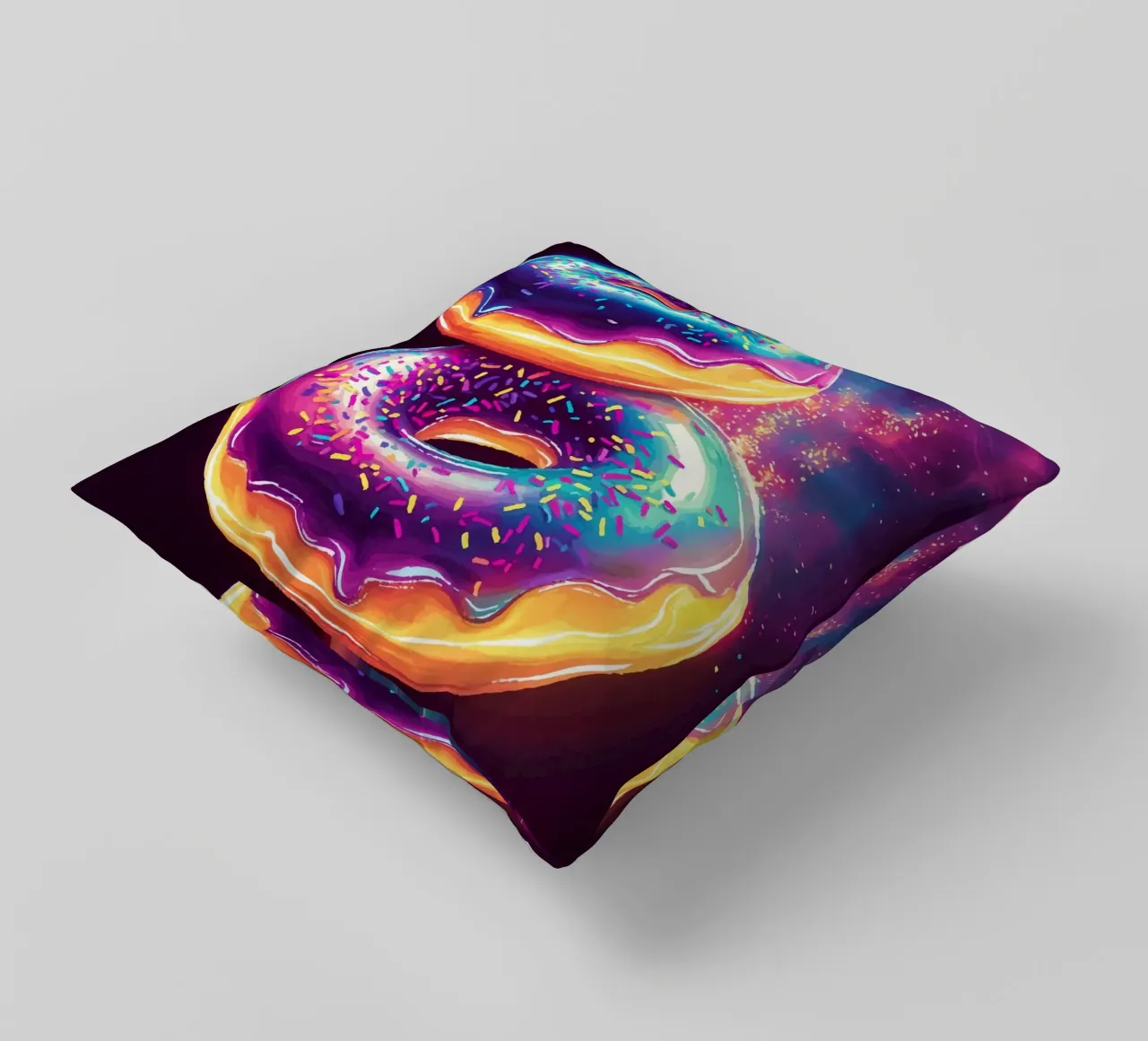 Neon donuts with a cosmic glow decorative cushion by pixelbull - medieval art and more