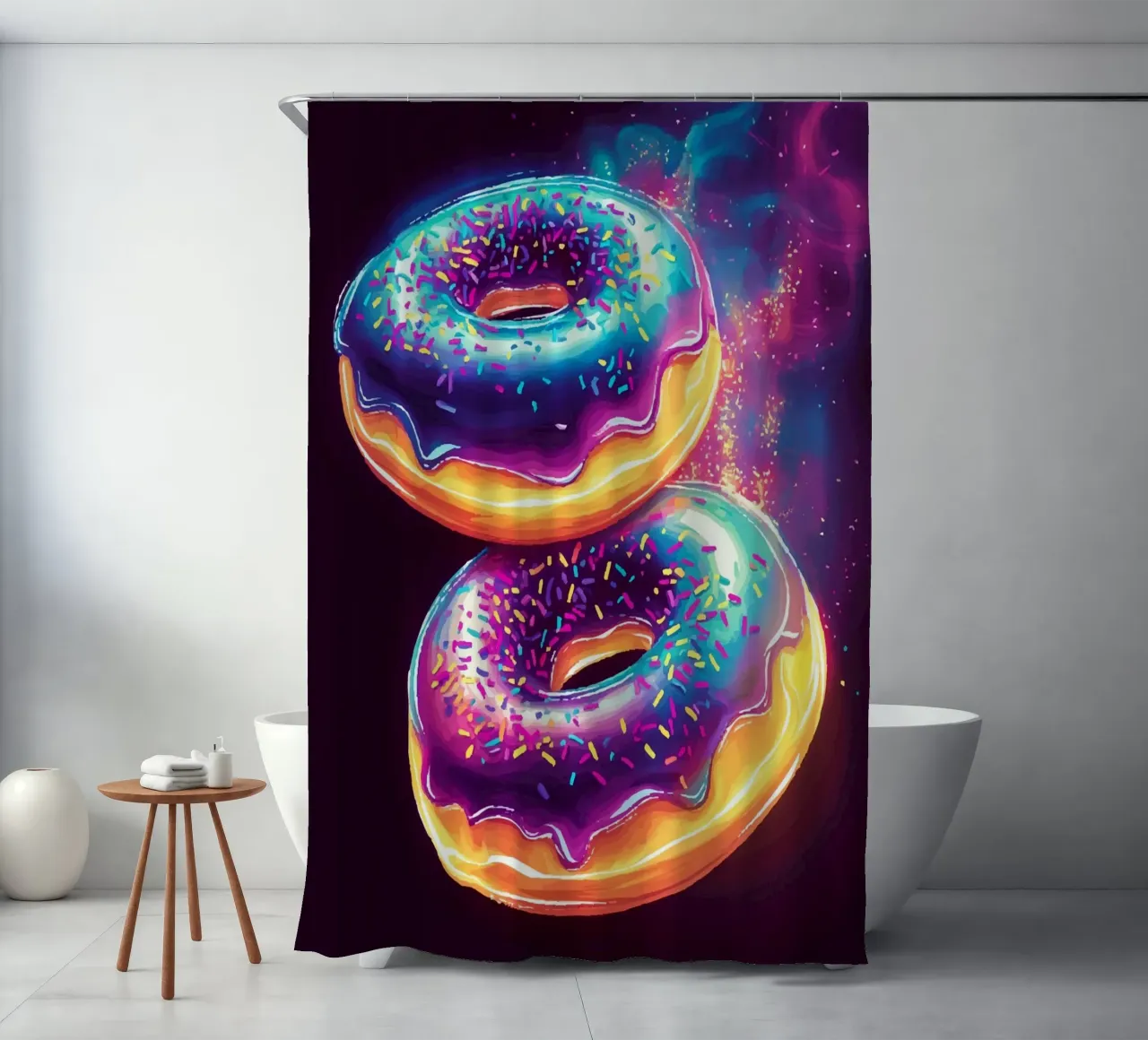 Neon donuts with a cosmic glow shower curtain by pixelbull - medieval art and more