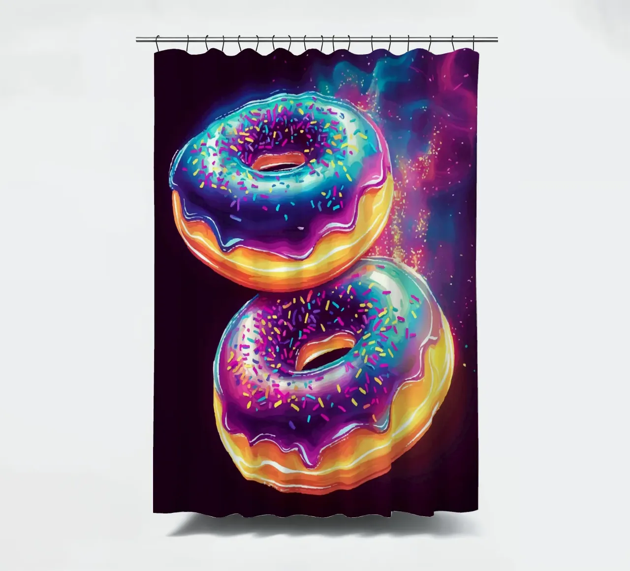 Neon donuts with a cosmic glow shower curtain by pixelbull - medieval art and more