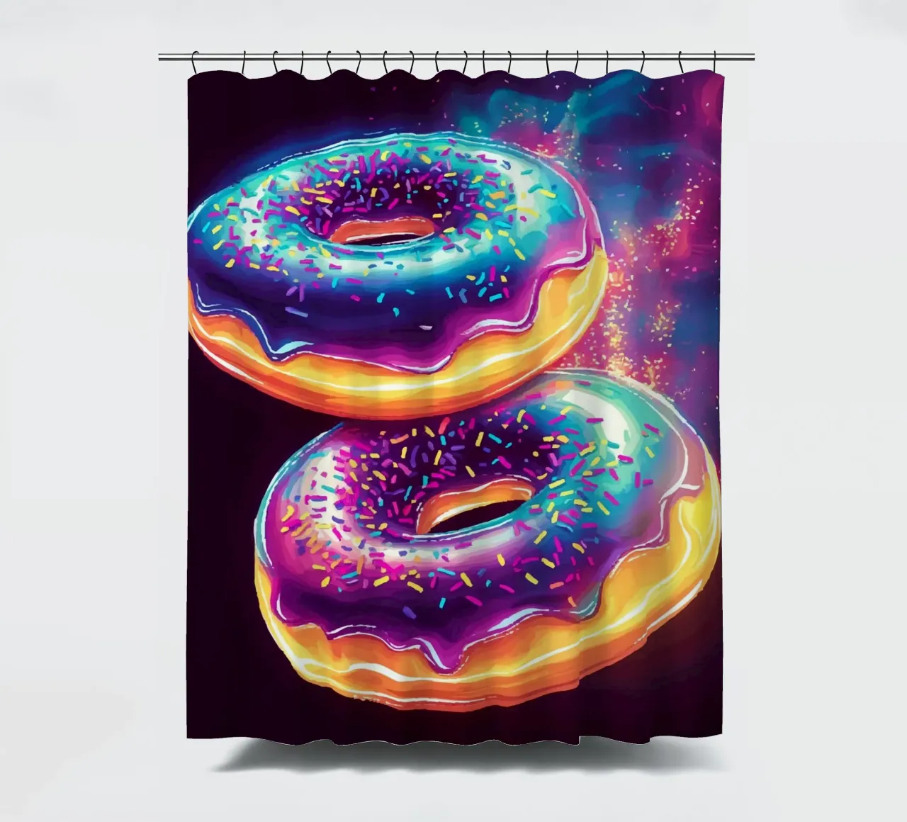 Neon donuts with a cosmic glow shower curtain by pixelbull - medieval art and more