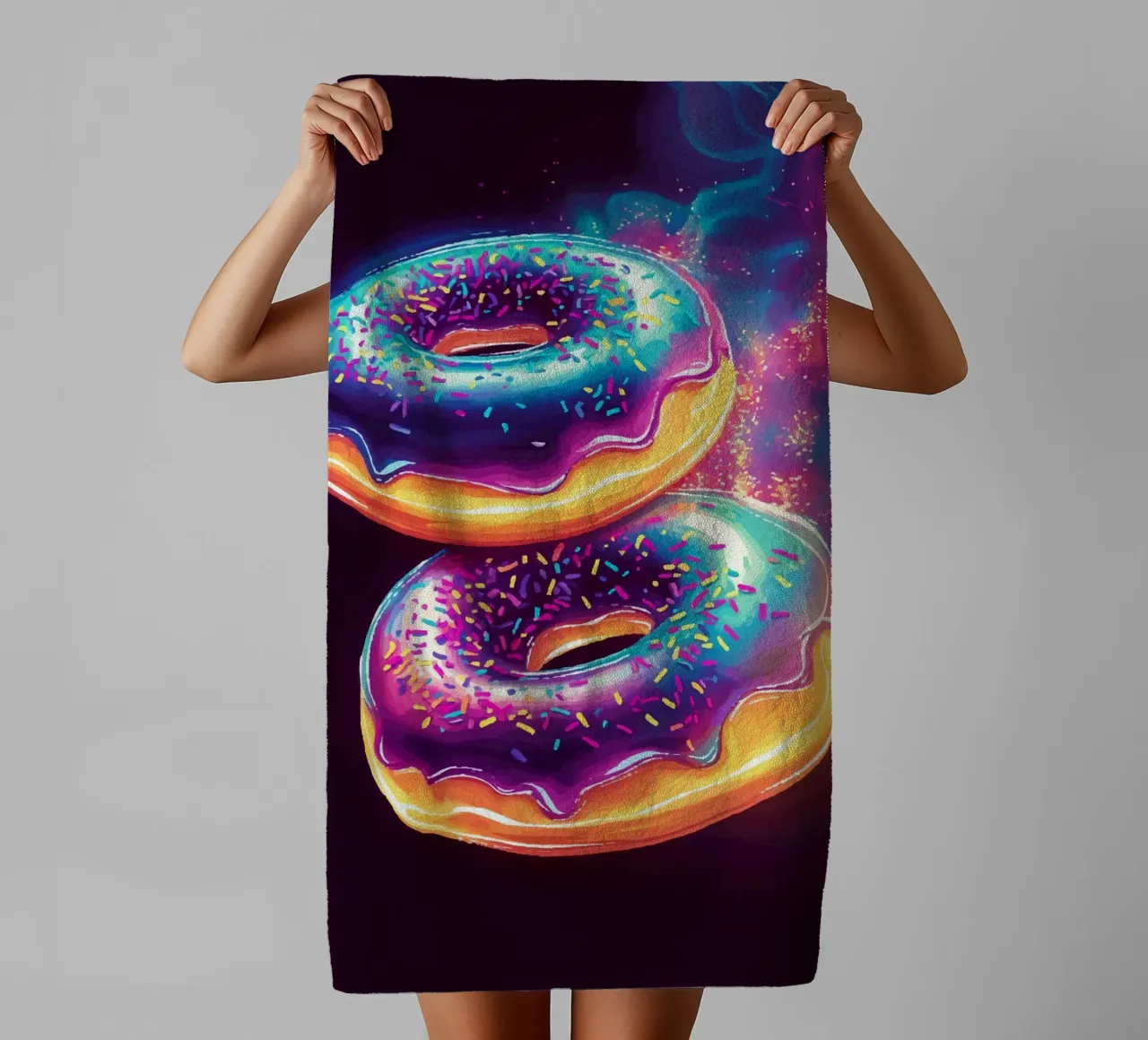 Neon Donuts im kosmischen Glanz Handtuch von pixelbull - medieval art and more